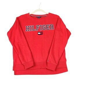Tommy Hilfiger Y2k Red Varsity Sweater Womens Small Logo Embroidered‎ Pullover